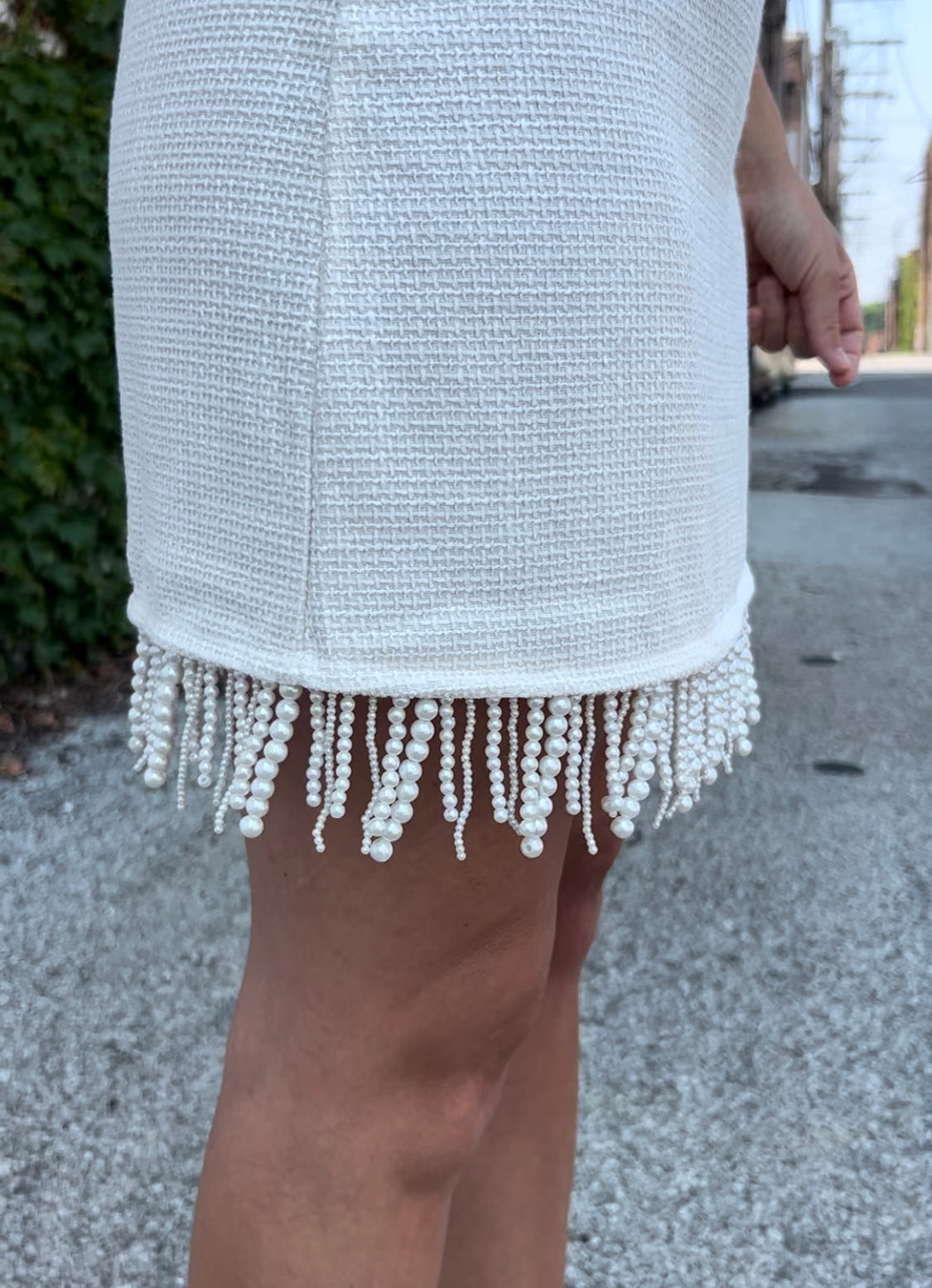 “Luck Be A Lady” | Pearl Fringe Tweed Mini Dress